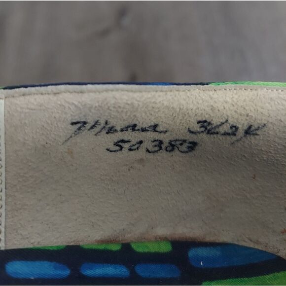 Vintage 1950's Herbert Levine Blue, Green & White Bow Pointy Pumps 7.5AA - Picture 9 of 10